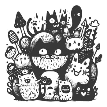 A Doodle Illustration Featuring a Large Cat and Other Creatures in Black and White