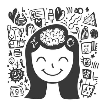 A doodle of a happy woman with a brain above her head, surrounded by abstract shapes and symbols