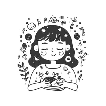 A girl with closed eyes surrounded by nature doodles, holding a plant in her hands