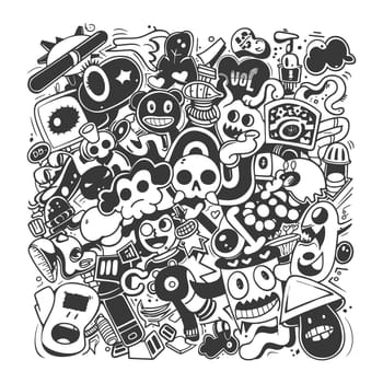 A Hand-Drawn Black and White Doodle Illustration with Cartoon Creatures and Objects