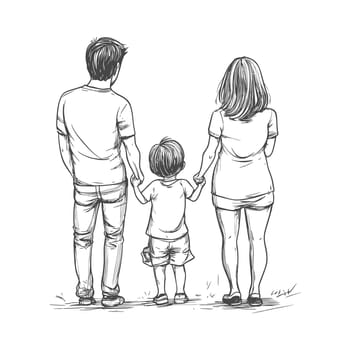 A Family of Three Walking Hand-in-Hand, Seen from Behind