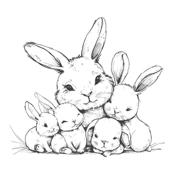 A Family of Four Bunnies Huddled Together in a Hand-Drawn Sketch