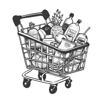 A Full Shopping Cart of Groceries with Pineapple, Bottles, and Other Items
