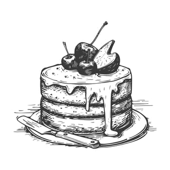 A Hand-Drawn Black and White Illustration of a Layered Cake with Cherries and a Knife