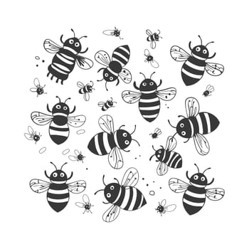 A Group of Black and White Cartoon Bees Flying on a White Background