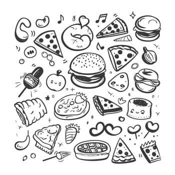 A Hand-Drawn Doodle Collection of Food and Music Symbols