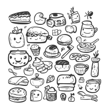 A Hand-Drawn Collection of Cute Food and Drink Items with Smiley Faces