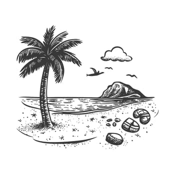 A Hand-Drawn Illustration of a Palm Tree on a Beach with Mountains, Sea, and Birds