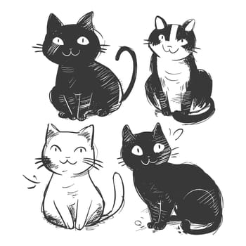 A Hand-Drawn Illustration Featuring Four Adorable Cats in Sitting Poses