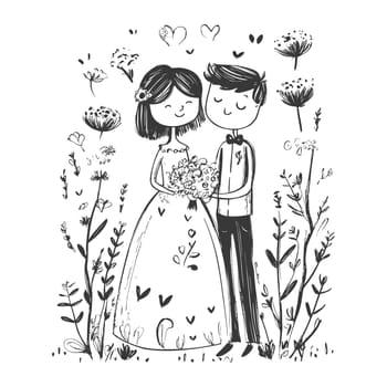 A Hand-Drawn Illustration of a Bride and Groom in a Floral Setting