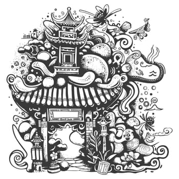 A Hand-Drawn Illustration Featuring a Chinese Pagoda Gateway and Surrounding Decorative Elements