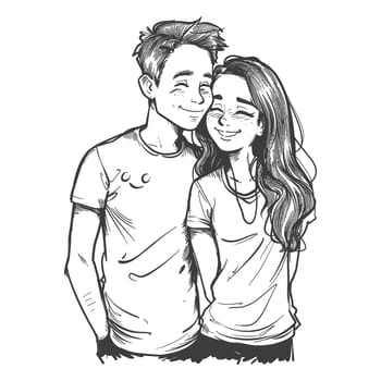 A hand-drawn illustration of a couple in love, smiling and embracing.