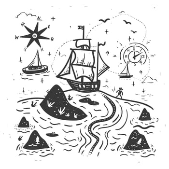A Hand-Drawn Illustration of a Ship Sailing Through a Whimsical Seascape