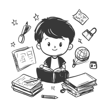 A Hand-Drawn Illustration of a Boy Reading with School Supplies Around Him