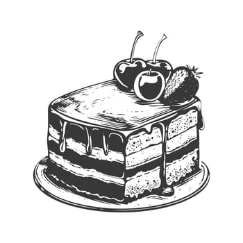 A Hand-Drawn Illustration of a Slice of Cake with Cherries and a Strawberry