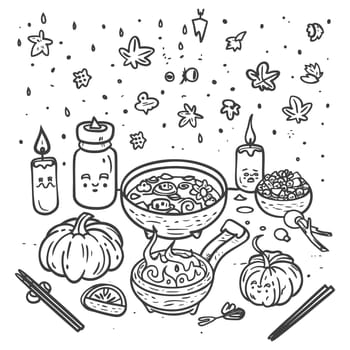 A Hand-Drawn Illustration of a Cozy Fall Scene with Pumpkins, Candles, and a Soup Pot