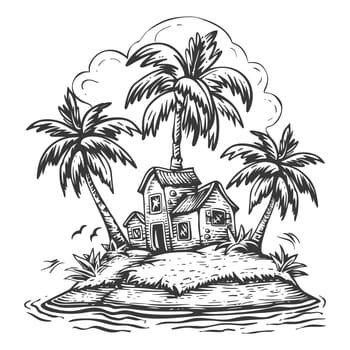 A Hand-Drawn Illustration of a Small Island with Palm Trees and a House
