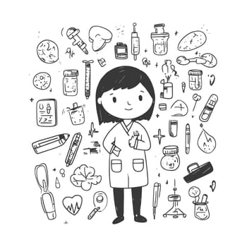 A Hand-Drawn Illustration of a Female Scientist Surrounded by Science-Related Objects