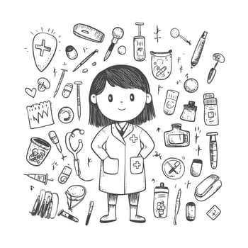 A Hand-Drawn Illustration of a Female Doctor Surrounded by Medical Supplies