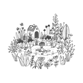 A Hand-Drawn Illustration of a Small Cottage Beside a Pond Surrounded by Flowers and Grass