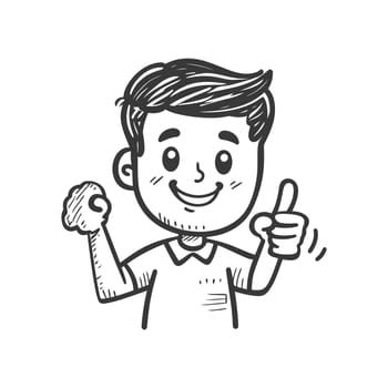 A Hand-Drawn Illustration of a Smiling Boy Pointing Upward