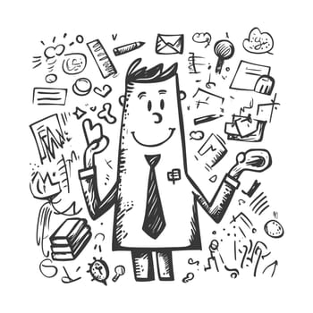 A Hand-Drawn Illustration of a Happy Businessman Surrounded by Office Supplies and Ideas