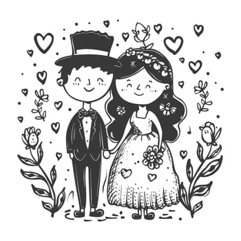 A Hand-Drawn Illustration of a Smiling Couple in Wedding Attire