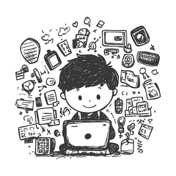 A Hand-Drawn Illustration of a Person Working on a Laptop Surrounded by Various Objects