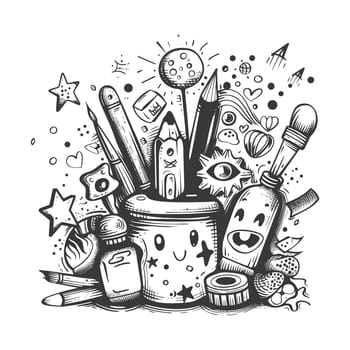 A Hand-Drawn Illustration of a Smiling Cup Filled with Art Supplies