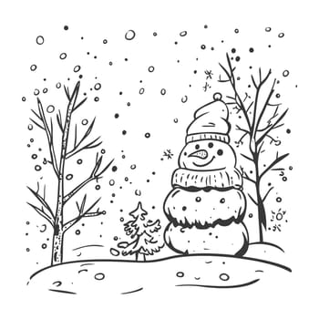 A Hand-Drawn Illustration of a Snowman in a Winter Landscape