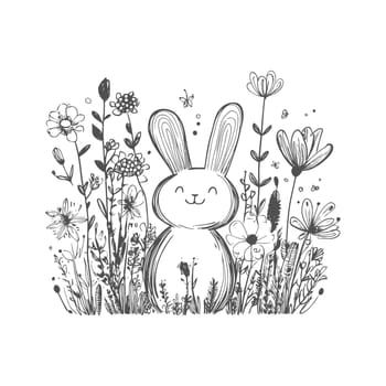A Hand-Drawn Illustration of a Rabbit Amidst a Field of Flowers