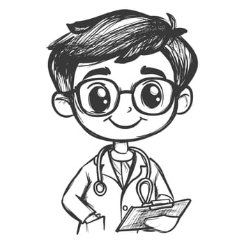 A Hand-Drawn Illustration of a Smiling Doctor Holding a Clipboard