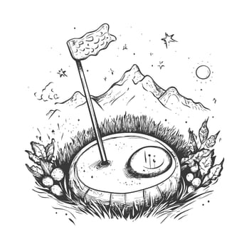 A Hand-Drawn Illustration of a Golf Course Hole with a Flag and Surrounding Mountain Landscape