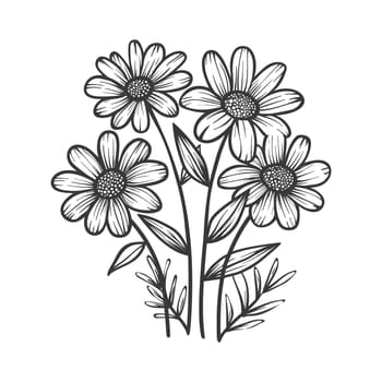 A Hand-Drawn Illustration of Four Daisies with Stems and Leaves