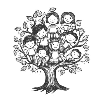 A Hand-Drawn Illustration of Children Playing in a Tree