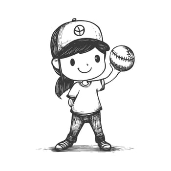 A Hand-Drawn Illustration of a Young Girl Holding a Baseball