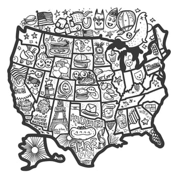 A Hand-Drawn Illustration of the United States Filled with Quirky and Diverse Symbols