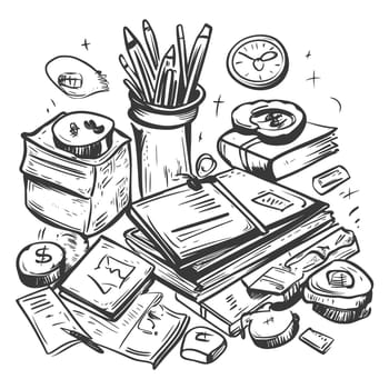 A Hand-Drawn Illustration of Scattered School Supplies and Office Items