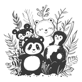 A Hand-Drawn Illustration of Four Cute Animals in a Lush Tropical Setting