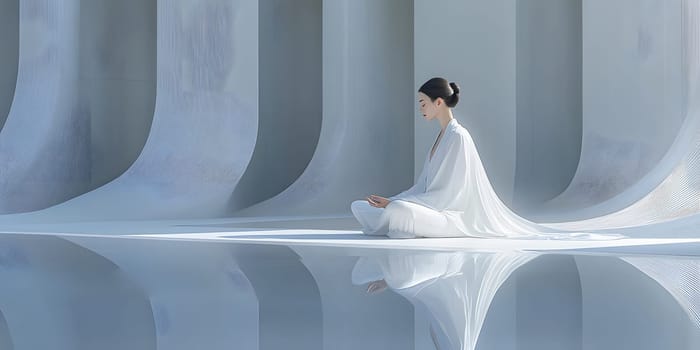 A beautiful young woman is meditating at home, wearing luxurious white clothes. The sunlight is shining down, the fabric is flowing, the beauty is timeless. This image gives a sense of peace.