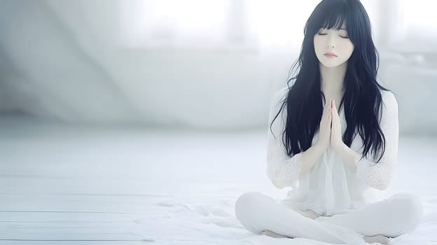 A beautiful young woman is meditating at home, wearing luxurious white clothes. The sunlight is shining down, the fabric is flowing, the beauty is timeless. This image gives a sense of peace.