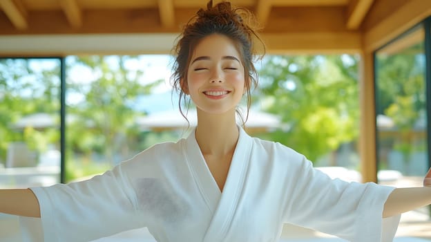 A beautiful young woman is meditating at home, wearing luxurious white clothes. The sunlight is shining down, the fabric is flowing, the beauty is timeless. This image gives a sense of peace.