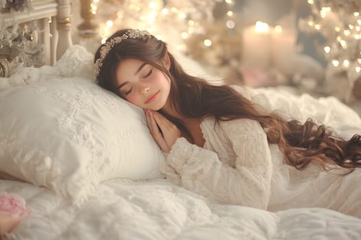 A beautiful young woman is meditating at home, wearing luxurious white clothes. The sunlight is shining down, the fabric is flowing, the beauty is timeless. This image gives a sense of peace.