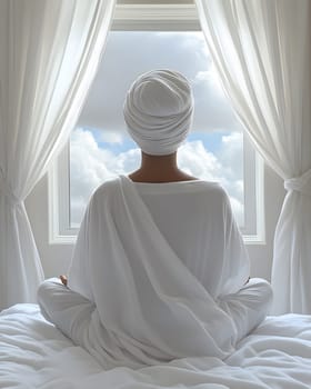 A beautiful young woman is meditating at home, wearing luxurious white clothes. The sunlight is shining down, the fabric is flowing, the beauty is timeless. This image gives a sense of peace.