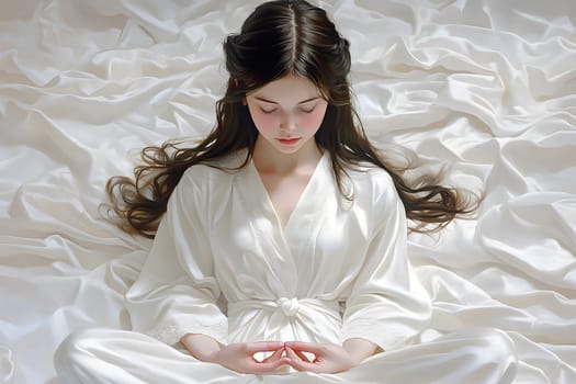 A beautiful young woman is meditating at home, wearing luxurious white clothes. The sunlight is shining down, the fabric is flowing, the beauty is timeless. This image gives a sense of peace.