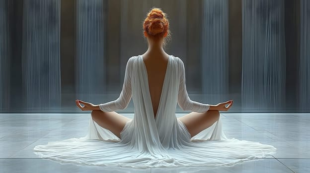 A beautiful young woman is meditating at home, wearing luxurious white clothes. The sunlight is shining down, the fabric is flowing, the beauty is timeless. This image gives a sense of peace.