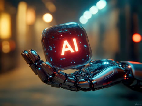 robot hand gently holding an 'AI' logo in its palm. AI generative.
