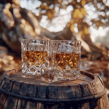 Two elegant, crystal-clear glasses of whiskey with ice cubes. AI generative.