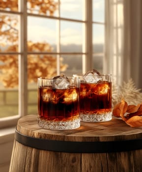 Two elegant, crystal-clear glasses of whiskey with ice cubes. AI generative.