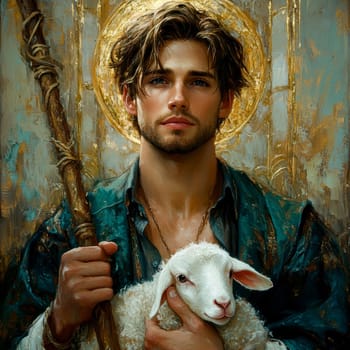 Saint John the Baptist, holding a shepherd's staff and holding a white lamb on one shoulder. AI generative.